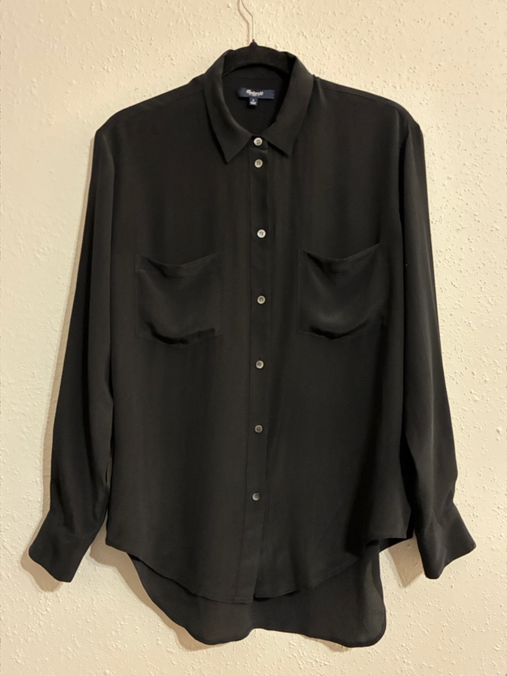 Black Silk Button-Up Shirt with Chest Pockets